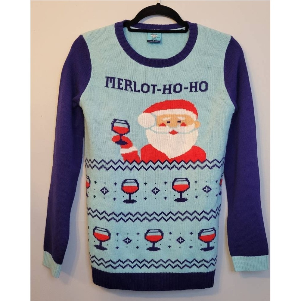 Norther Pole Merlot-Ho-Ho Drunk Santa Ugly Christmas Sweater Blue Womens Small